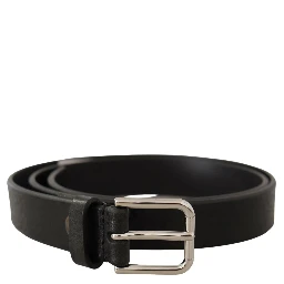 Black Calf Leather Silver Tone Logo Metal Buckle Belt