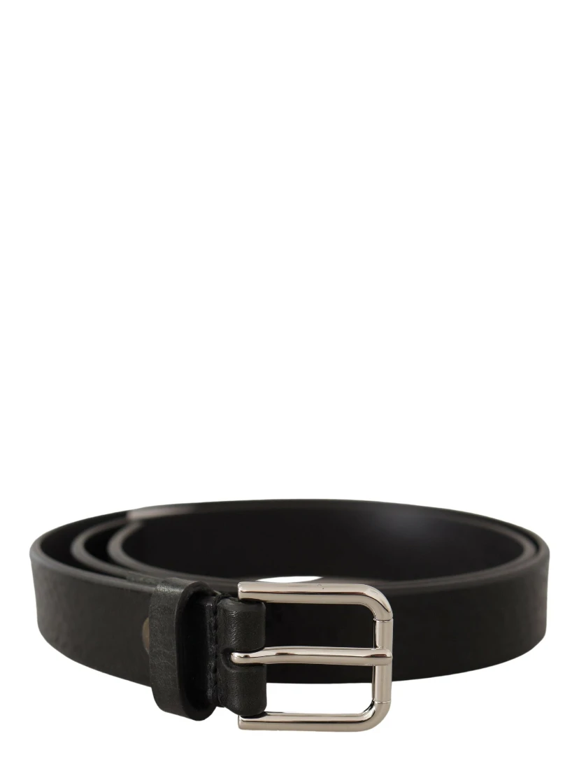 Black Calf Leather Silver Tone Logo Metal Buckle Belt