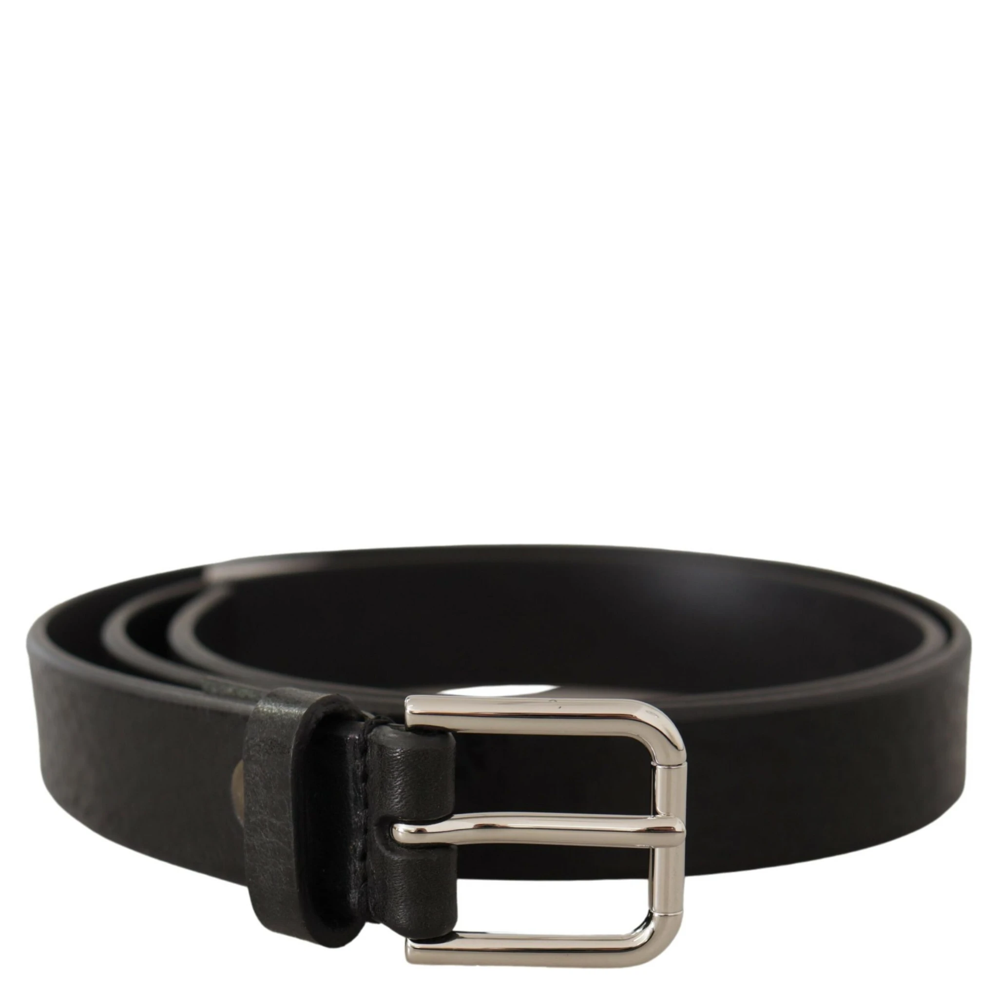 Black Calf Leather Silver Tone Logo Metal Buckle Belt