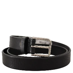 Black Calf Leather Silver Tone Logo Metal Buckle Belt