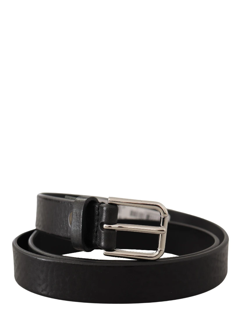 Black Calf Leather Silver Tone Logo Metal Buckle Belt