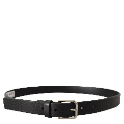 Black Calf Leather Silver Tone Logo Metal Buckle Belt