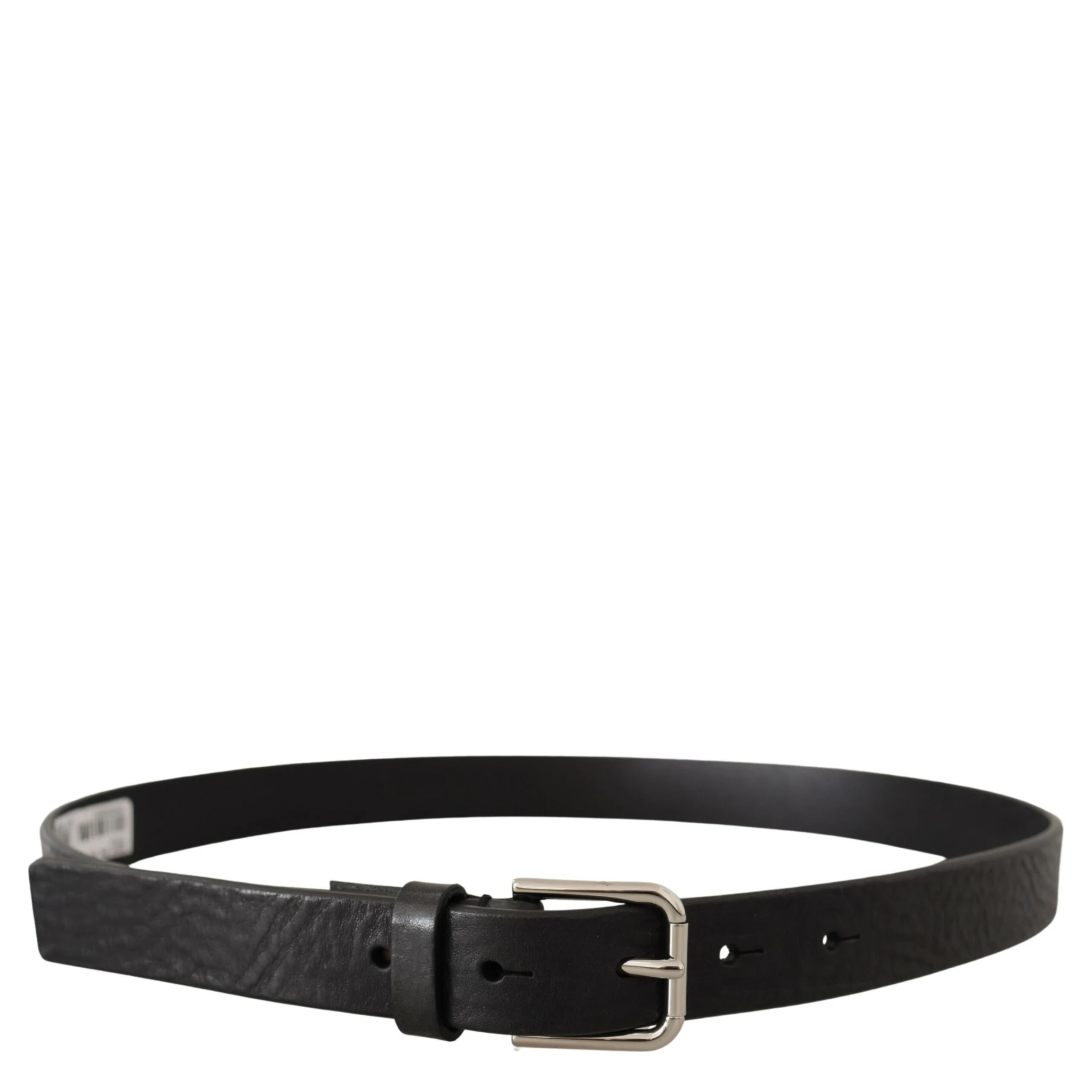 Black Calf Leather Silver Tone Logo Metal Buckle Belt