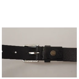 Black Calf Leather Silver Tone Logo Metal Buckle Belt