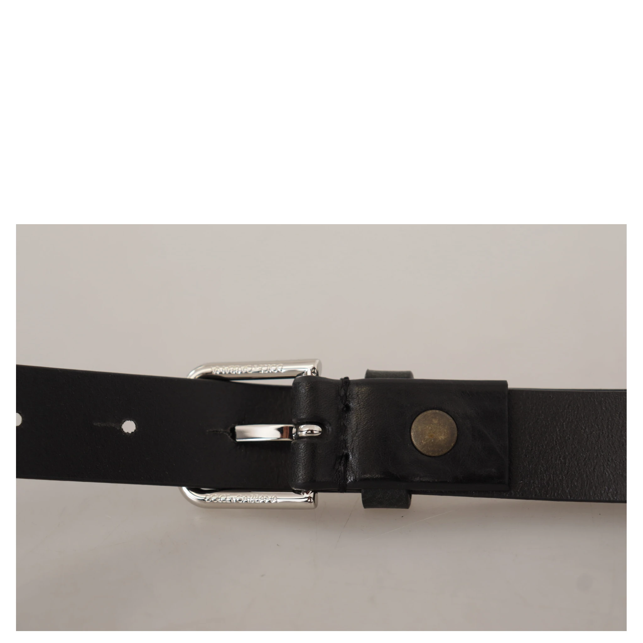Black Calf Leather Silver Tone Logo Metal Buckle Belt