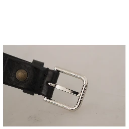 Black Calf Leather Silver Tone Logo Metal Buckle Belt