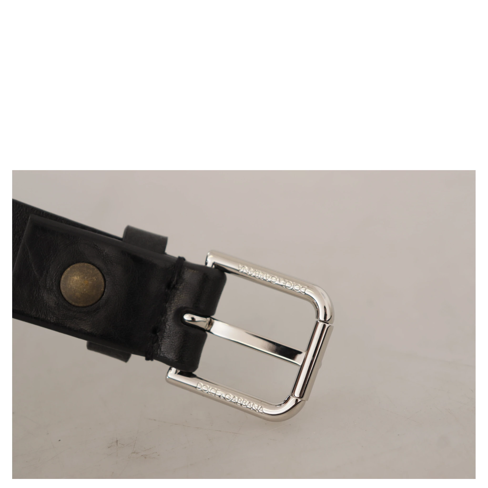 Black Calf Leather Silver Tone Logo Metal Buckle Belt
