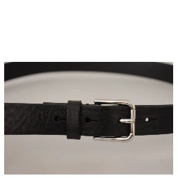 Black Calf Leather Silver Tone Logo Metal Buckle Belt