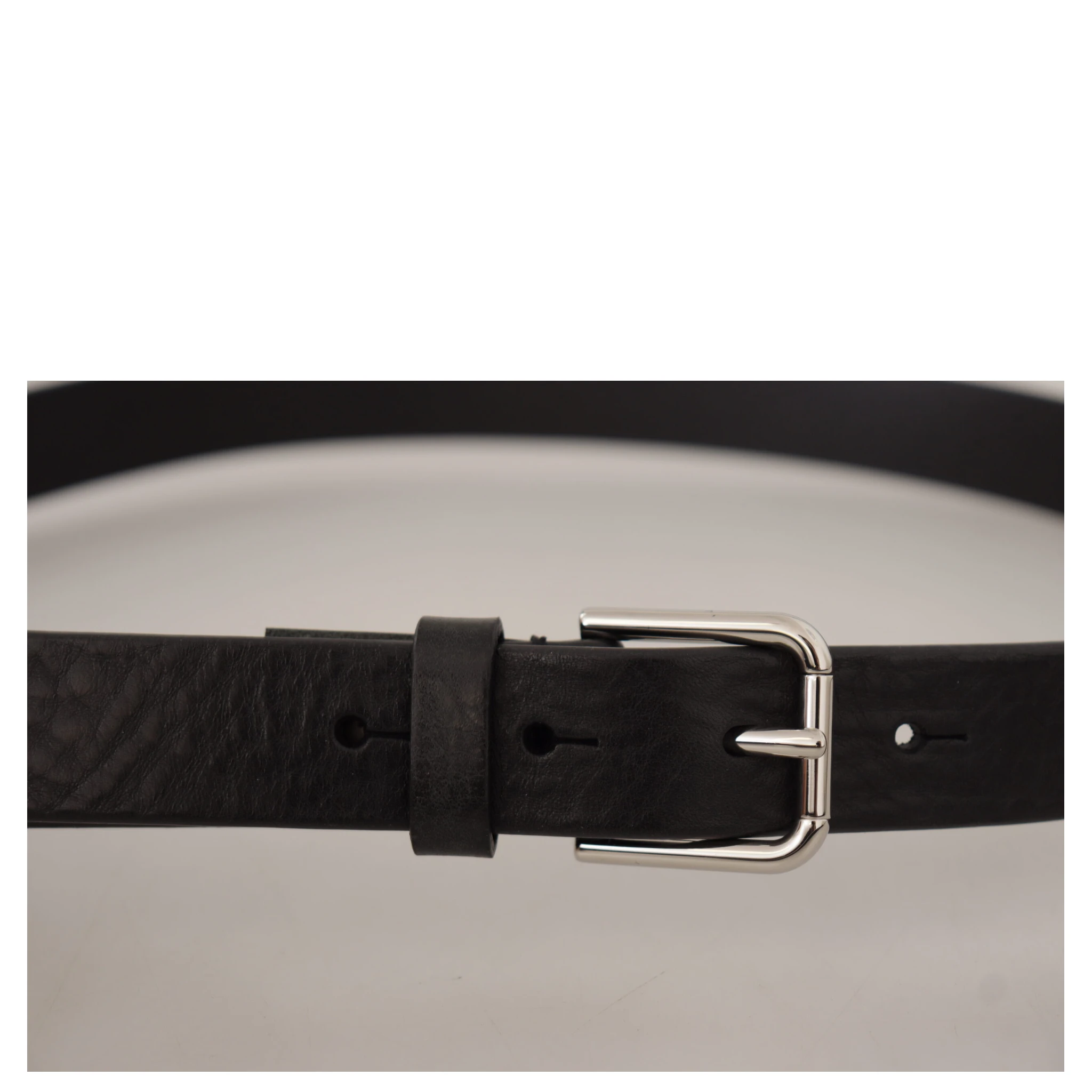 Black Calf Leather Silver Tone Logo Metal Buckle Belt