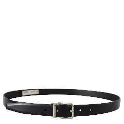 Black Calf Leather Classic Logo Metal Buckle Belt