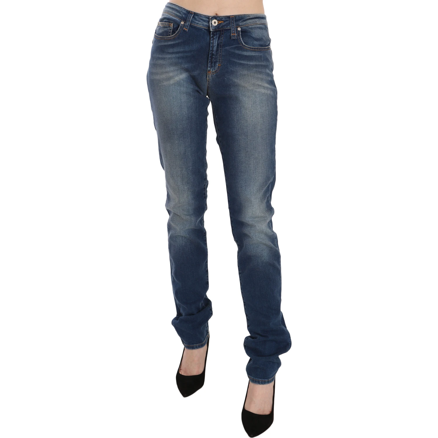 Blue Washed Mid Waist Slim Fit Denim Jeans