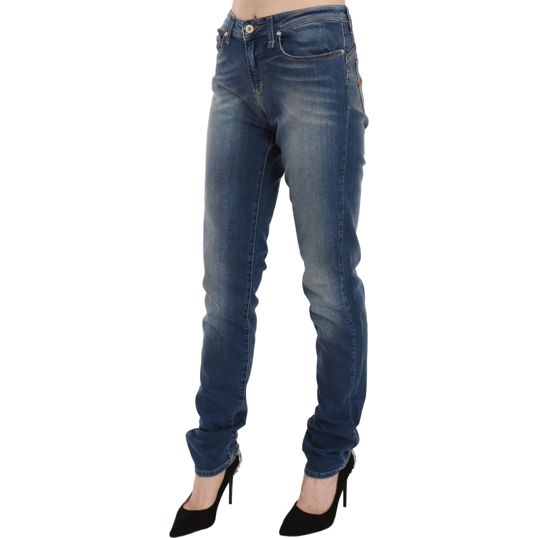 Blue Washed Mid Waist Slim Fit Denim Jeans