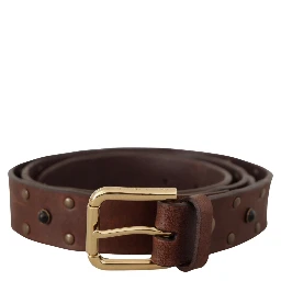 Brown Leather Studded Gold Tone Metal Buckle Belt