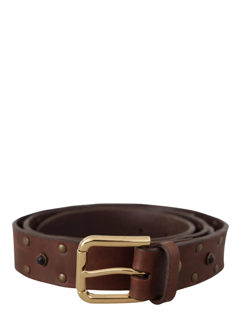 Brown Leather Studded Gold Tone Metal Buckle Belt