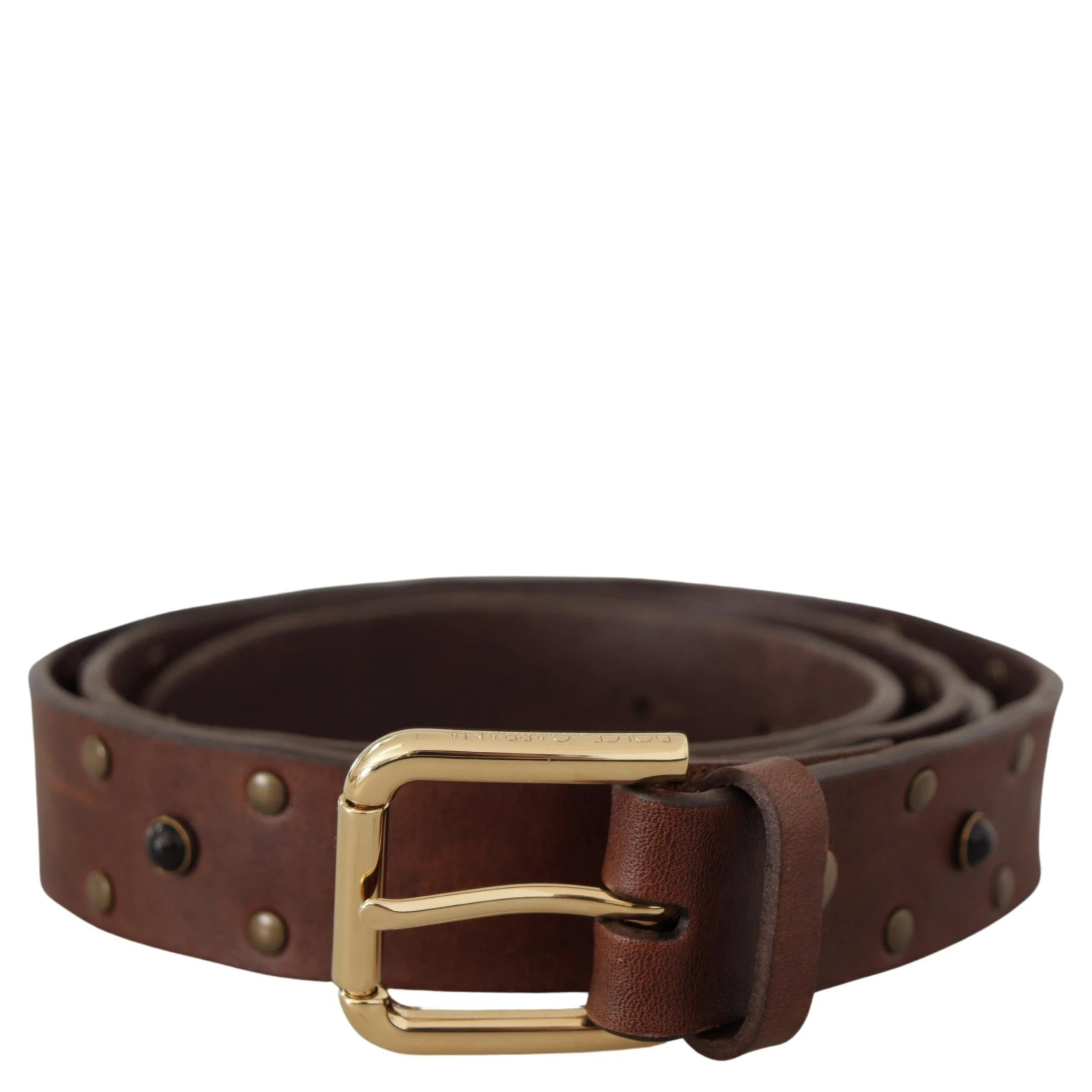Brown Leather Studded Gold Tone Metal Buckle Belt