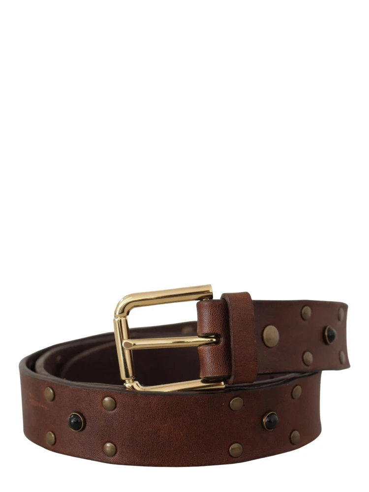 Brown Leather Studded Gold Tone Metal Buckle Belt alternative