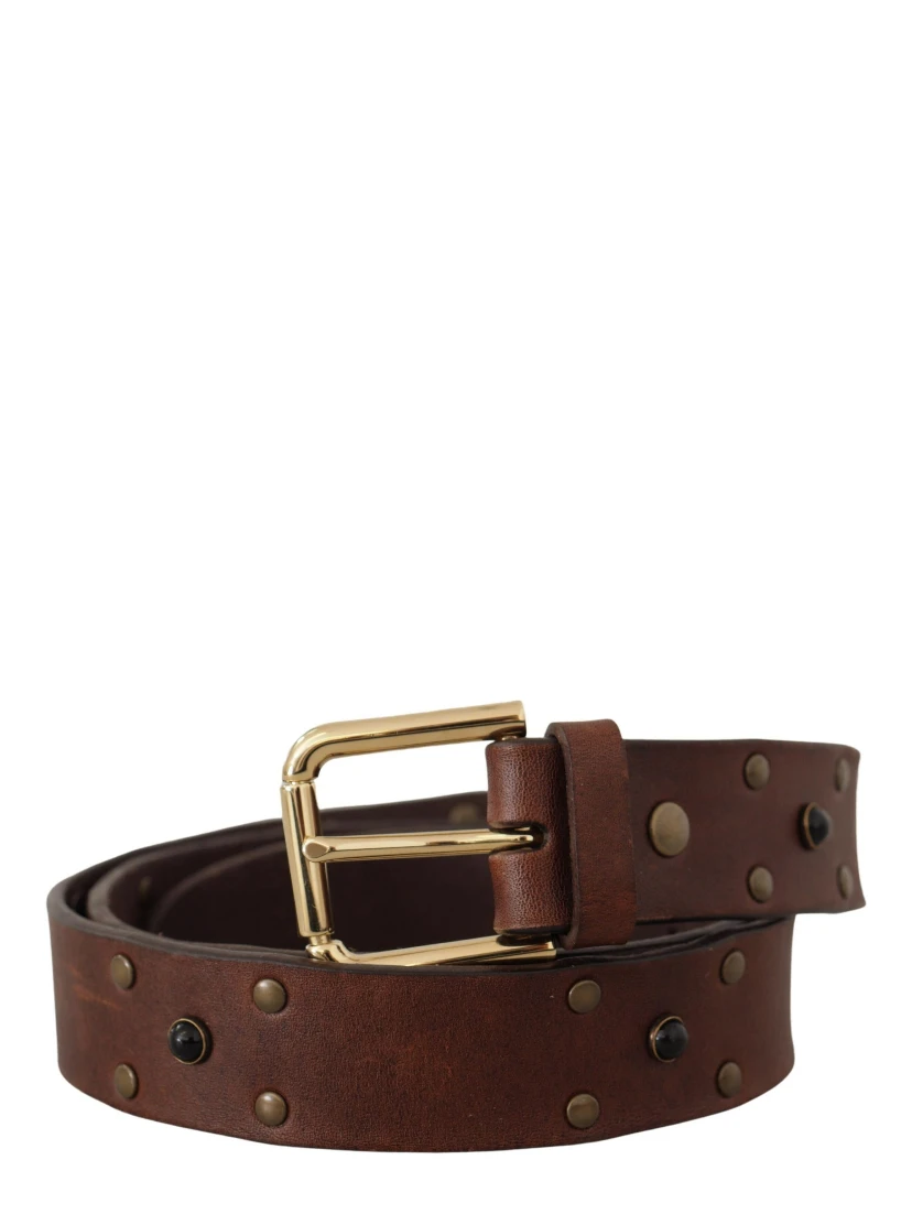 Brown Leather Studded Gold Tone Metal Buckle Belt