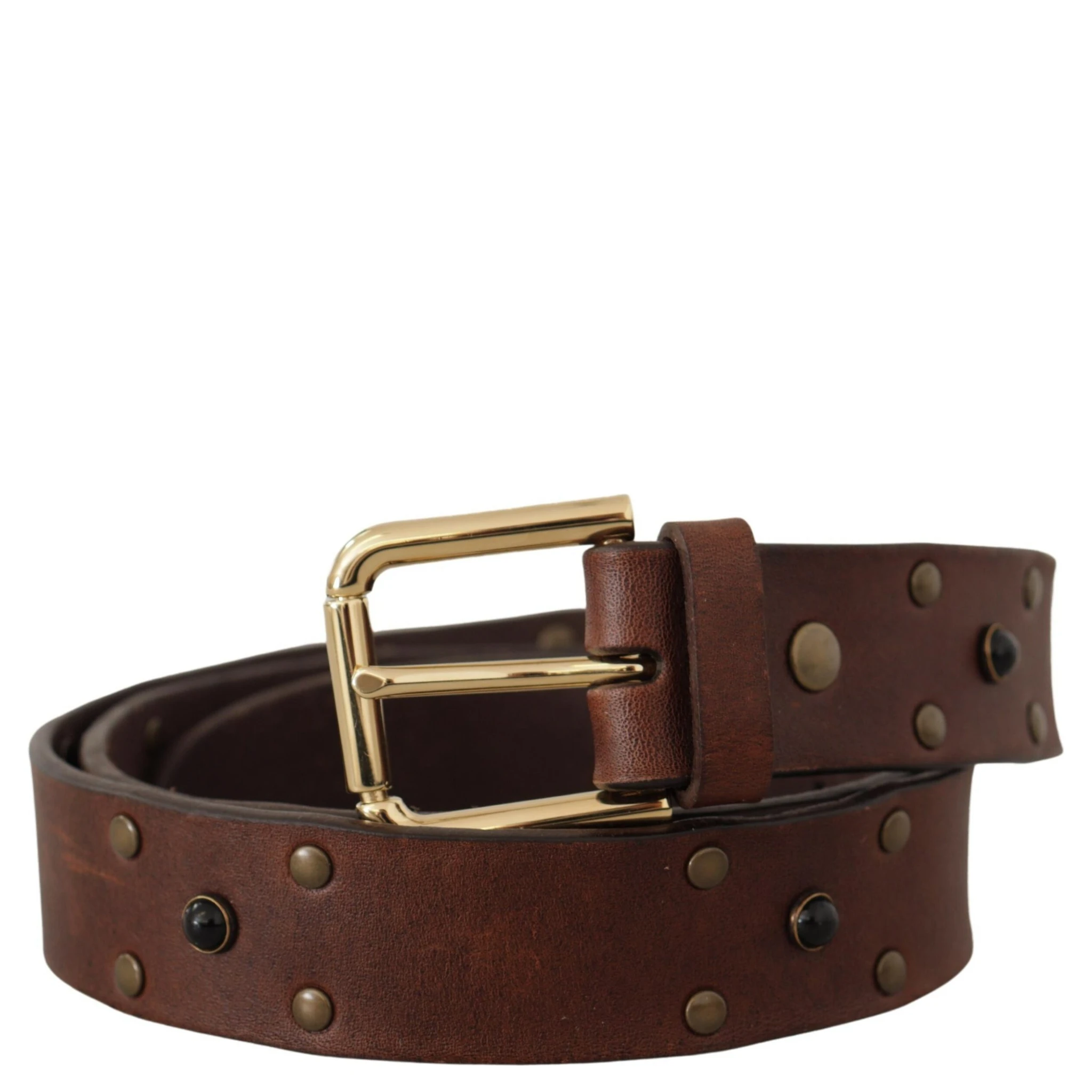 Brown Leather Studded Gold Tone Metal Buckle Belt