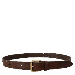Brown Leather Studded Gold Tone Metal Buckle Belt