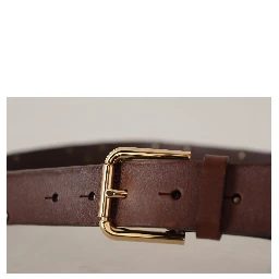 Brown Leather Studded Gold Tone Metal Buckle Belt