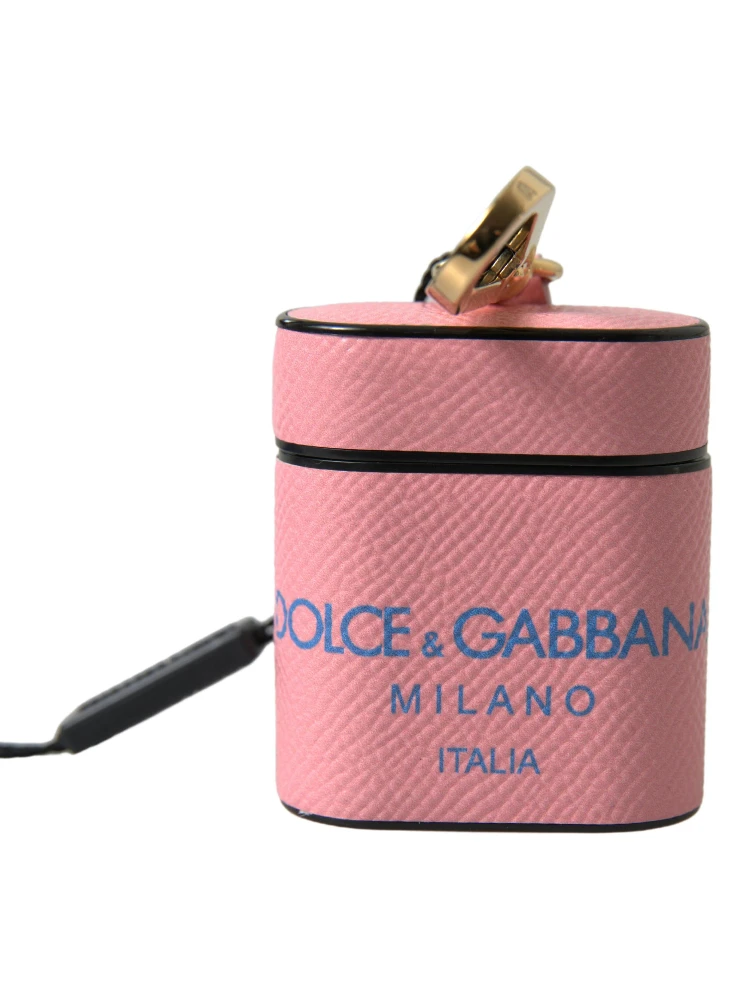 Pink Blue Calf Leather Logo Print Strap Airpods Case