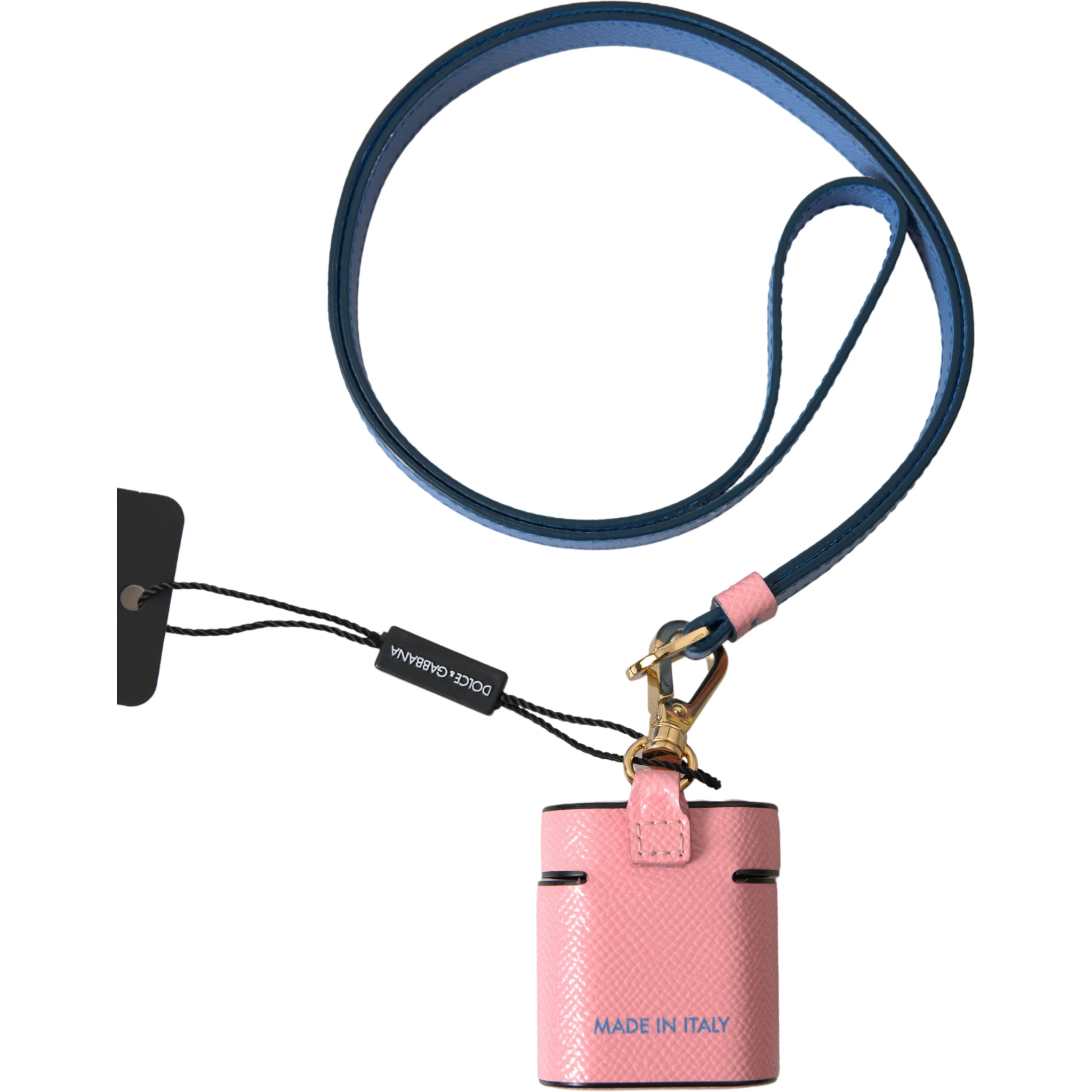 Pink Blue Calf Leather Logo Print Strap Airpods Case