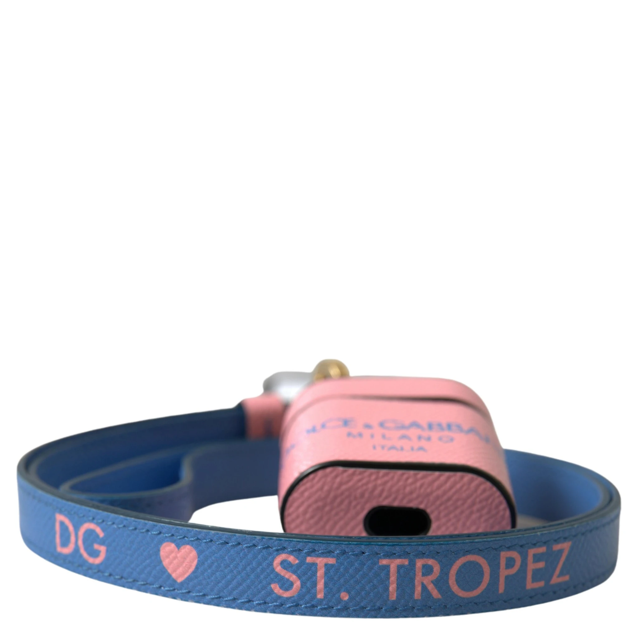 Pink Blue Calf Leather Logo Print Strap Airpods Case