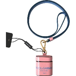 Pink Blue Calf Leather Logo Print Strap Airpods Case