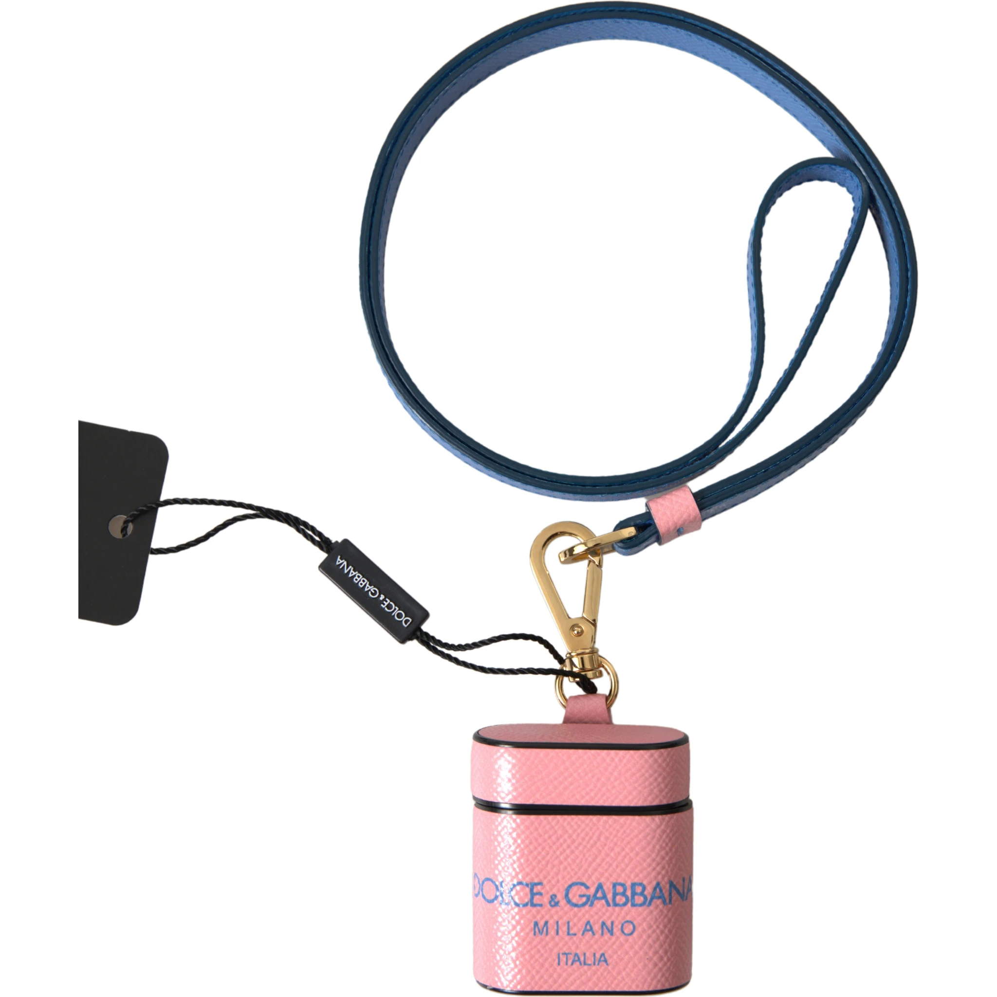 Pink Blue Calf Leather Logo Print Strap Airpods Case