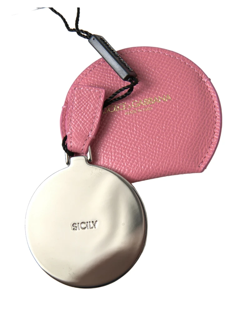 Pink Calfskin Leather Round Logo Print Hand Mirror Holder