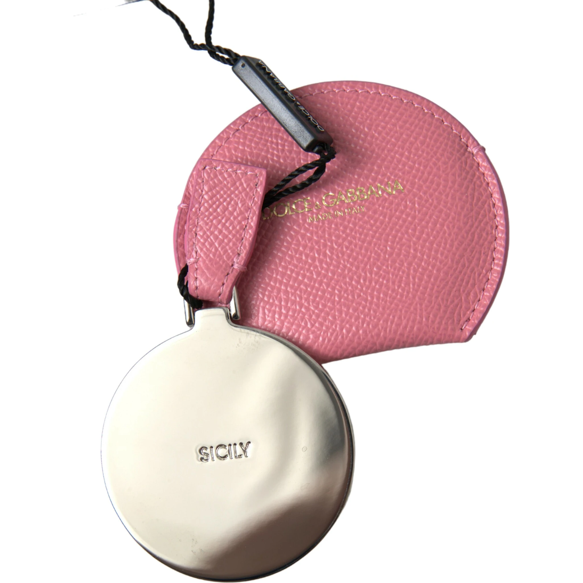 Pink Calfskin Leather Round Logo Print Hand Mirror Holder