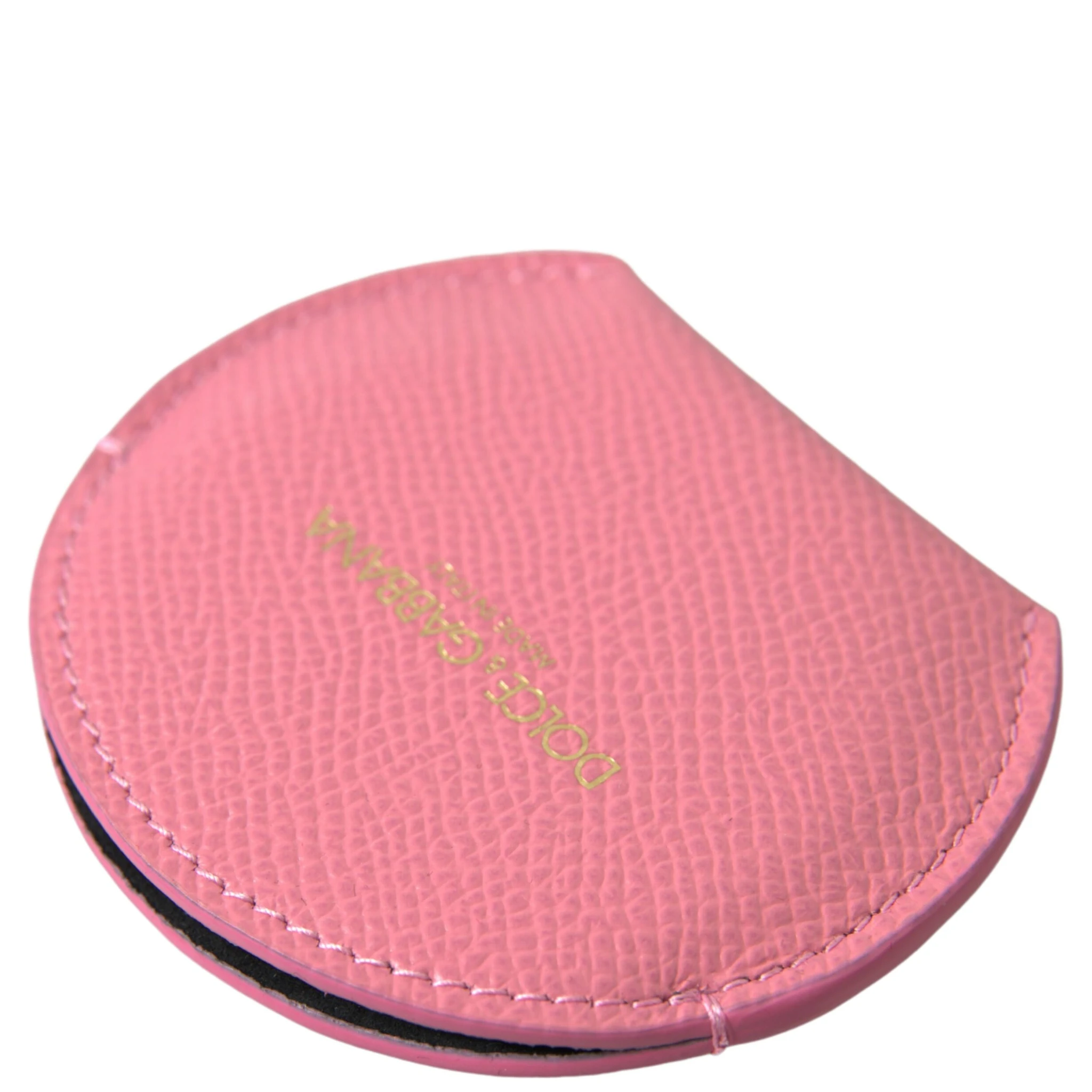 Pink Calfskin Leather Round Logo Print Hand Mirror Holder