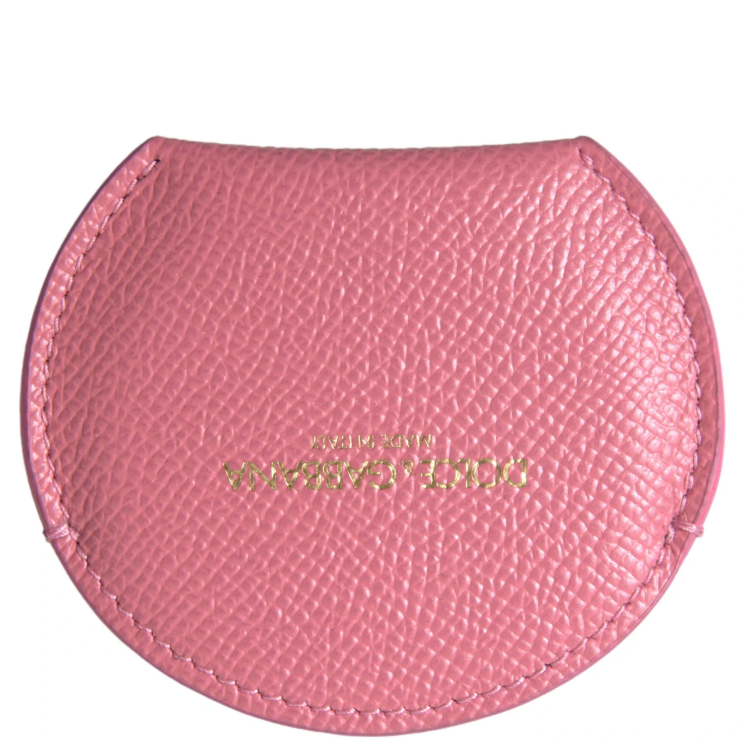 Pink Calfskin Leather Round Logo Print Hand Mirror Holder