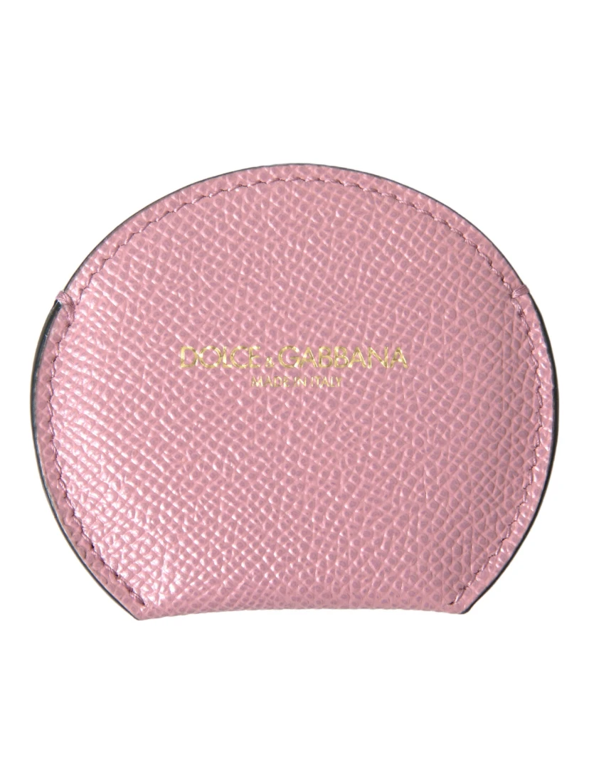 Pink Calfskin Leather Round Logo Print Hand Mirror Holder