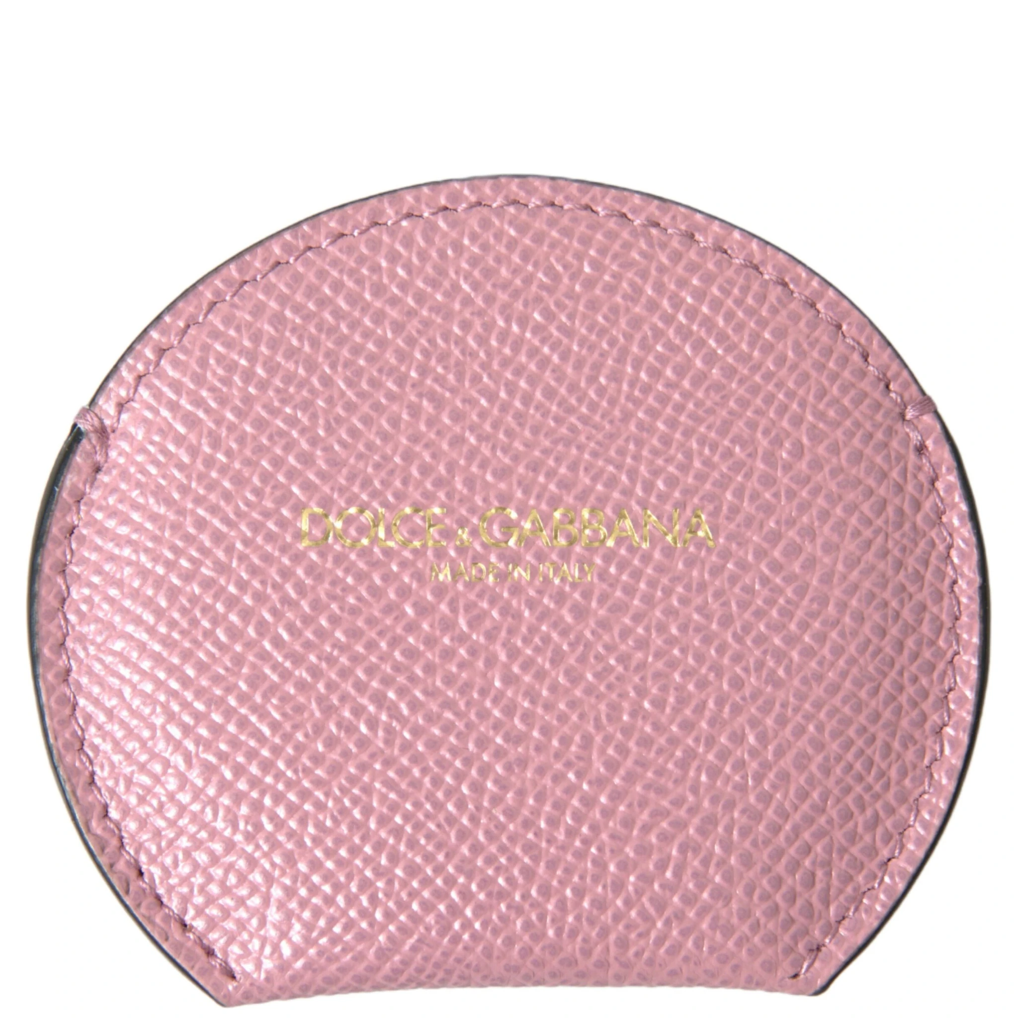 Pink Calfskin Leather Round Logo Print Hand Mirror Holder