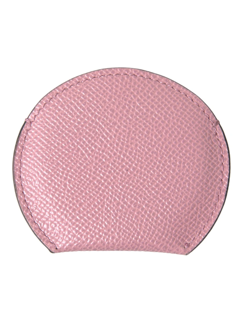 Pink Calfskin Leather Round Logo Print Hand Mirror Holder