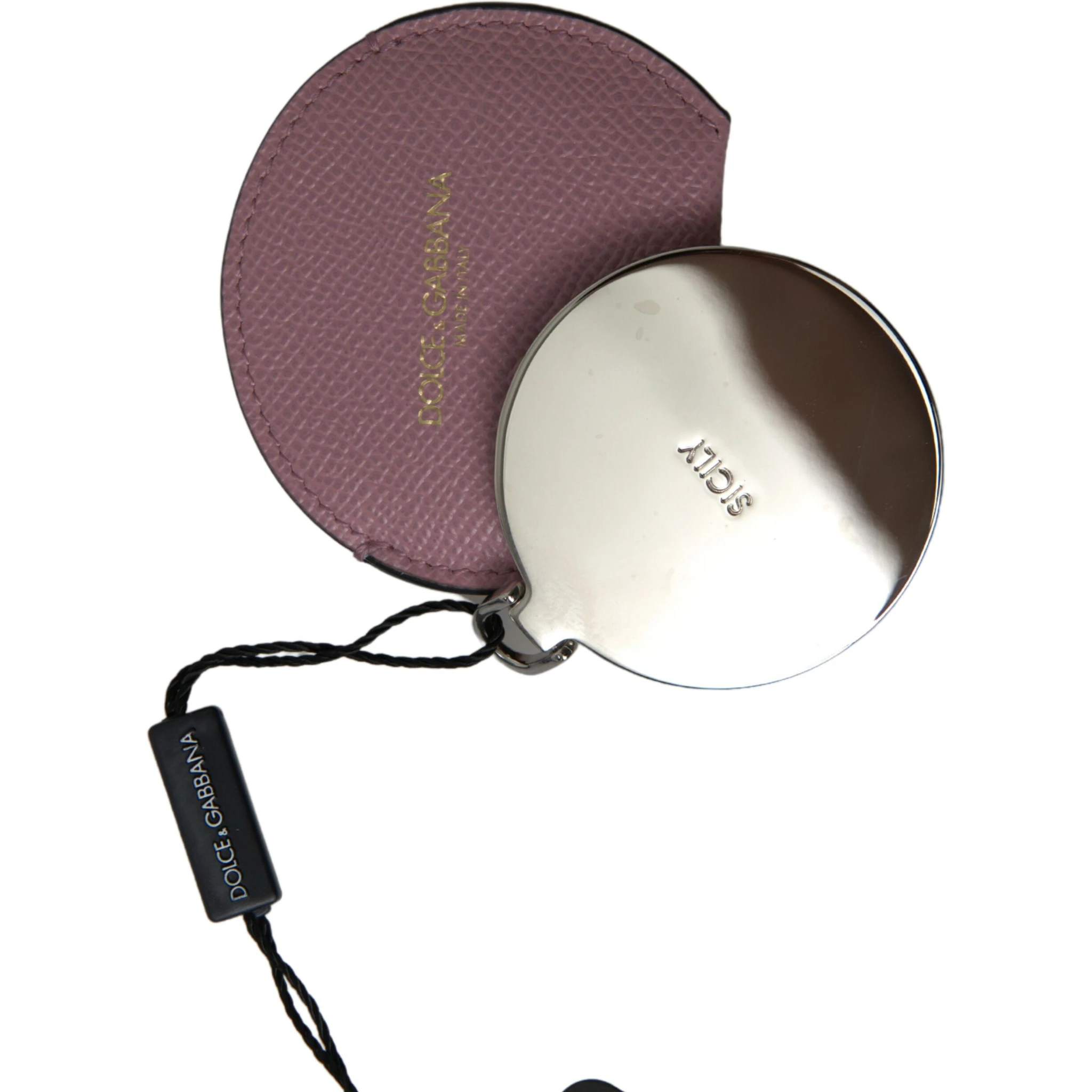 Pink Calfskin Leather Round Logo Print Hand Mirror Holder