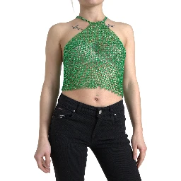 Green Aluminum Sleeveless Halter Cropped Tank Top