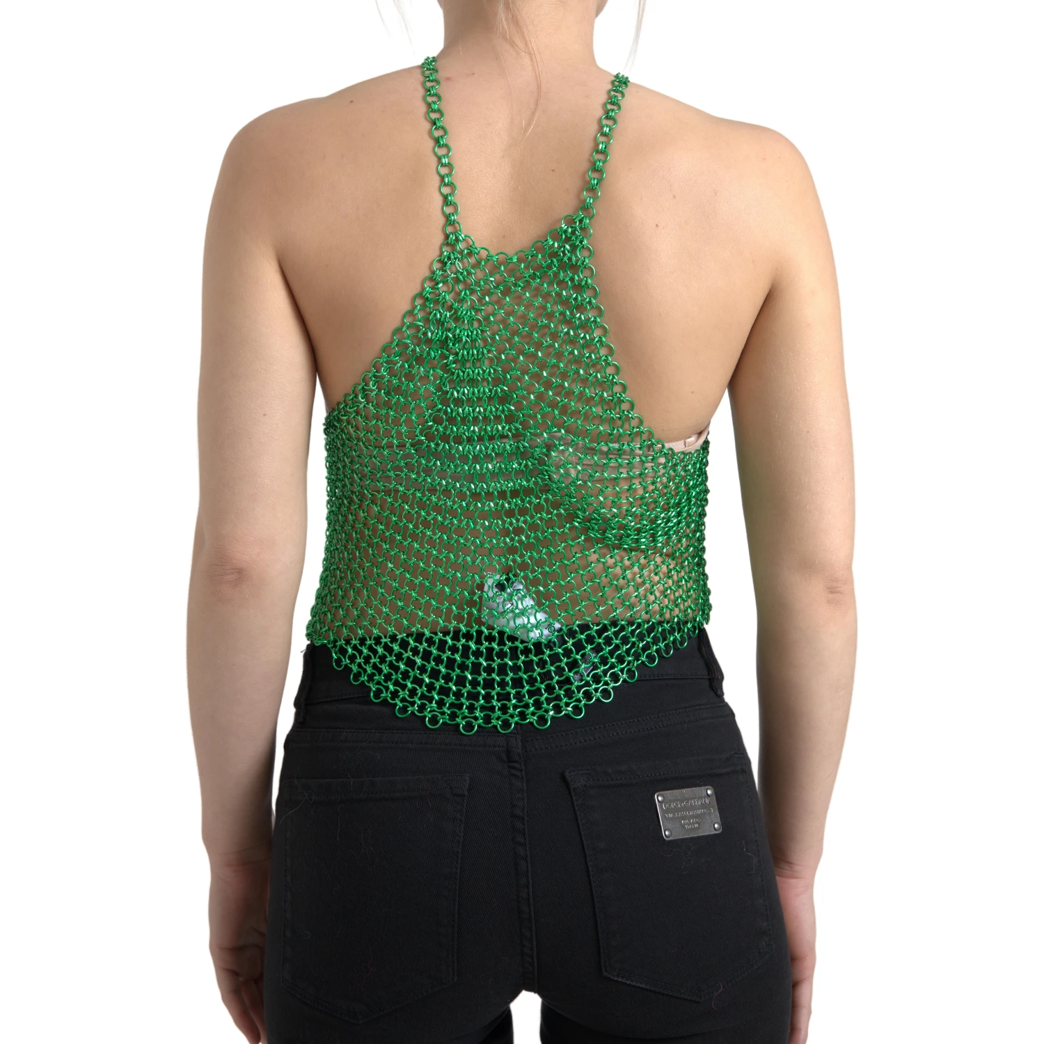 Green Aluminum Sleeveless Halter Cropped Tank Top