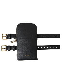 Black Leather Men Purse Double Belt Strap Bracelet Bag