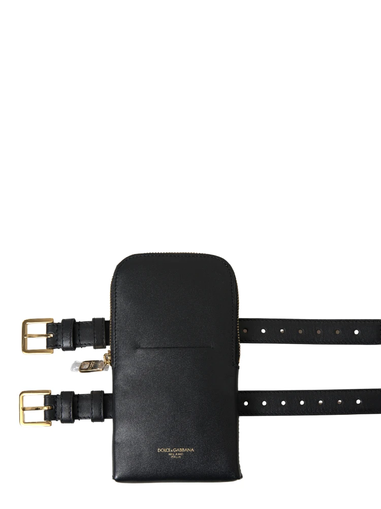 Black Leather Men Purse Double Belt Strap Bracelet Bag