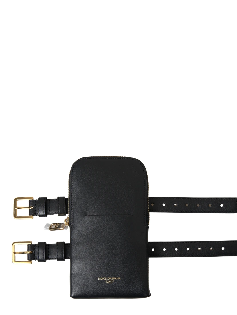 Black Leather Men Purse Double Belt Strap Bracelet Bag