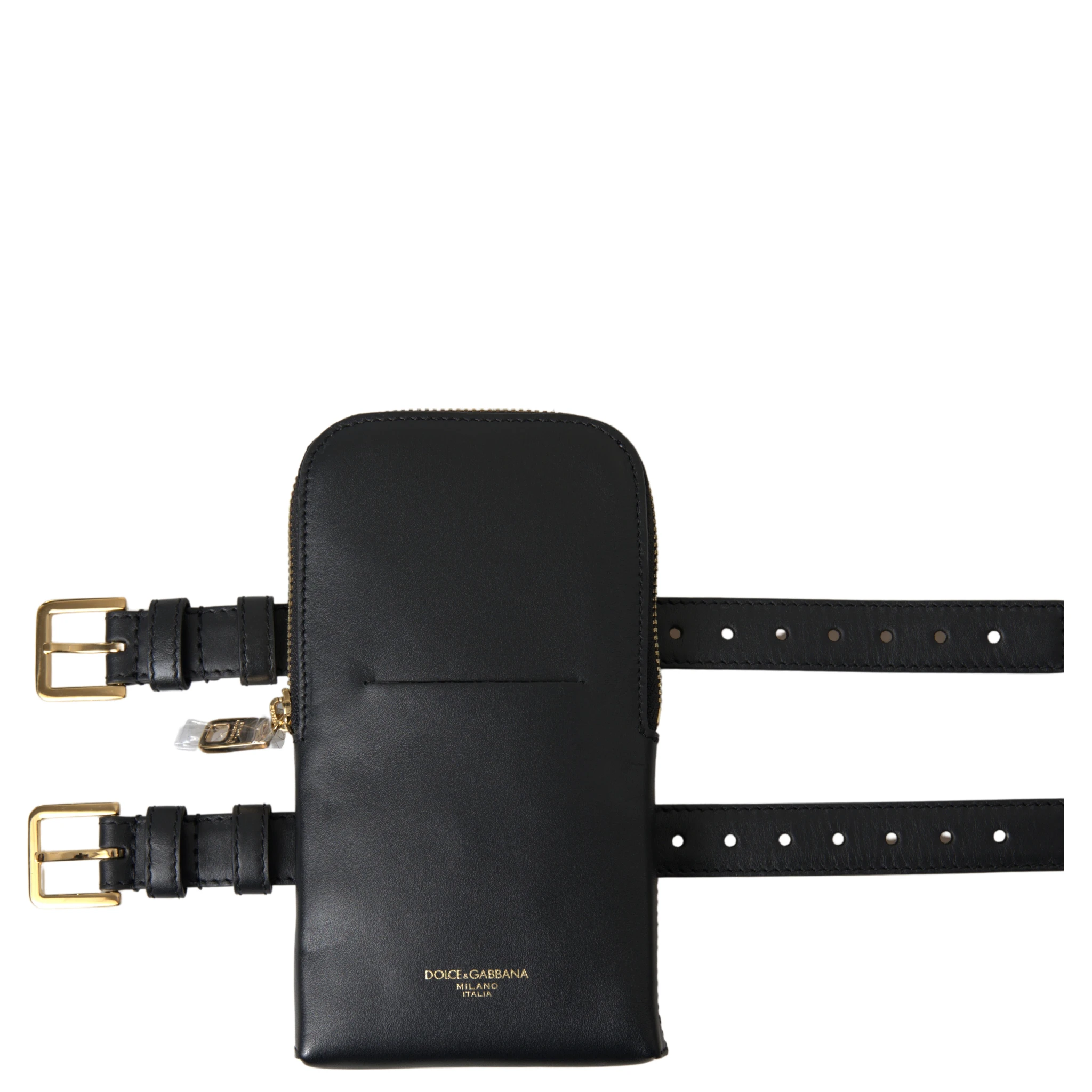 Black Leather Men Purse Double Belt Strap Bracelet Bag