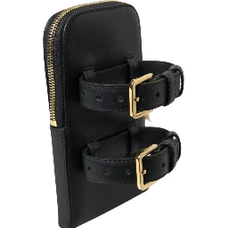 Black Leather Men Purse Double Belt Strap Bracelet Bag