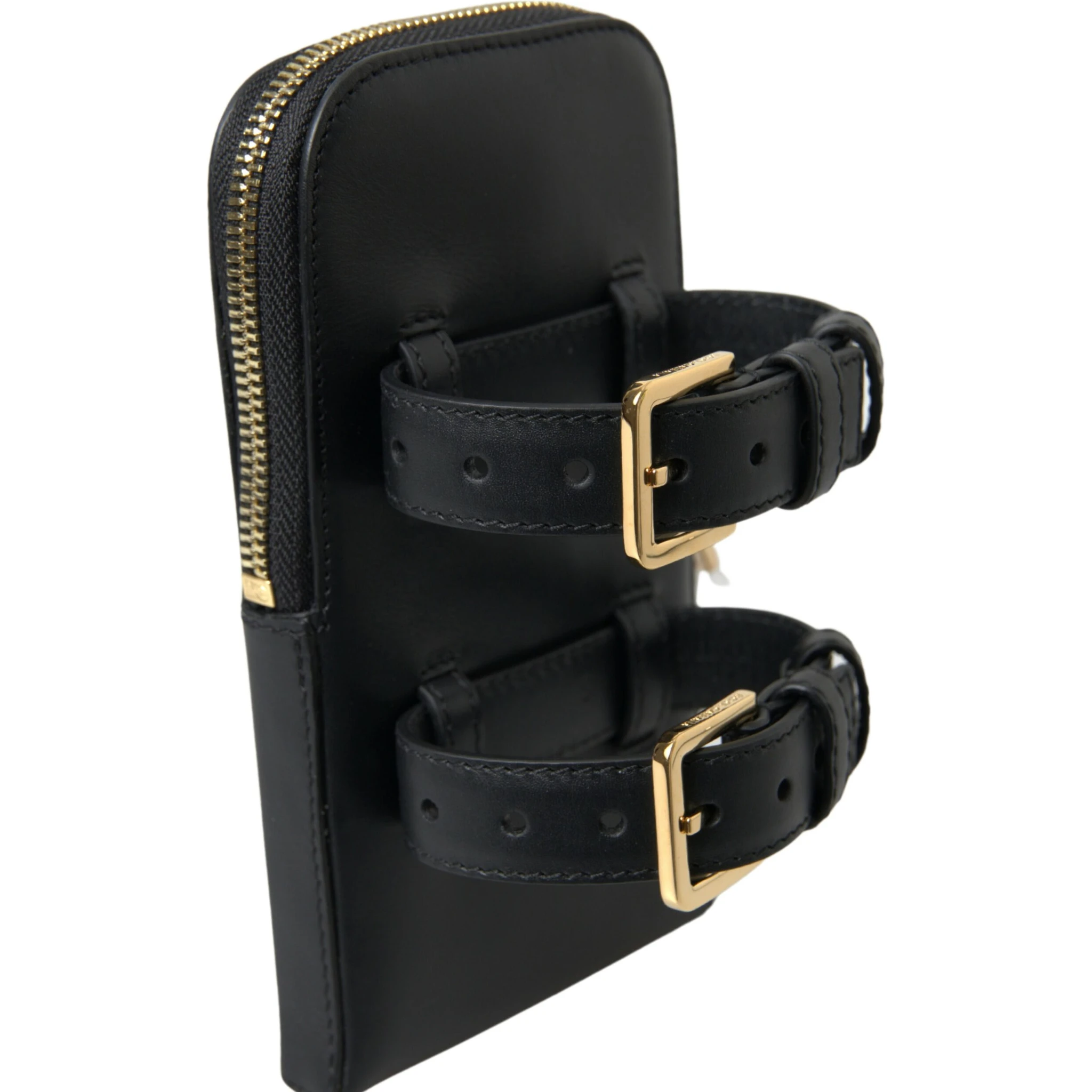 Black Leather Men Purse Double Belt Strap Bracelet Bag