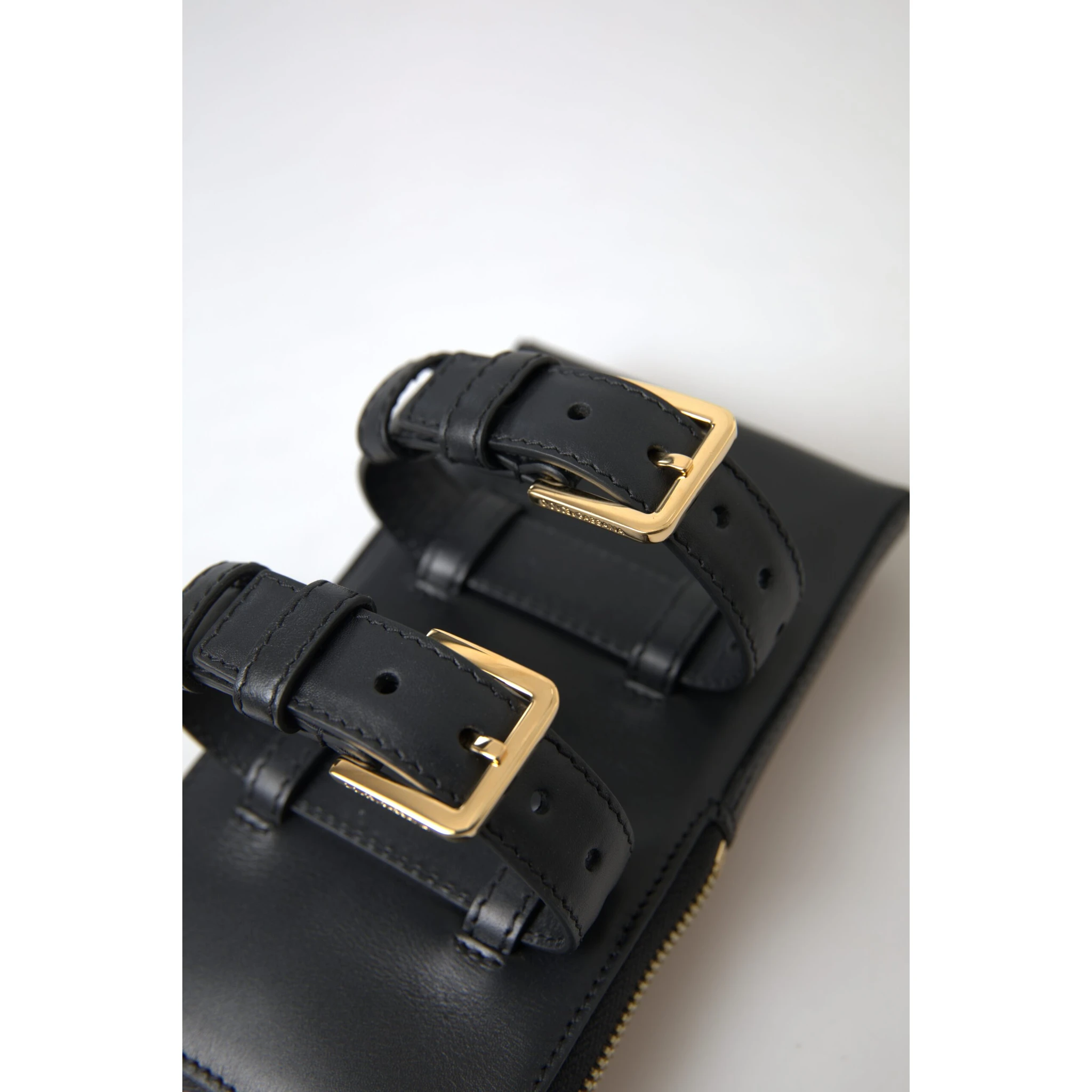 Black Leather Men Purse Double Belt Strap Bracelet Bag