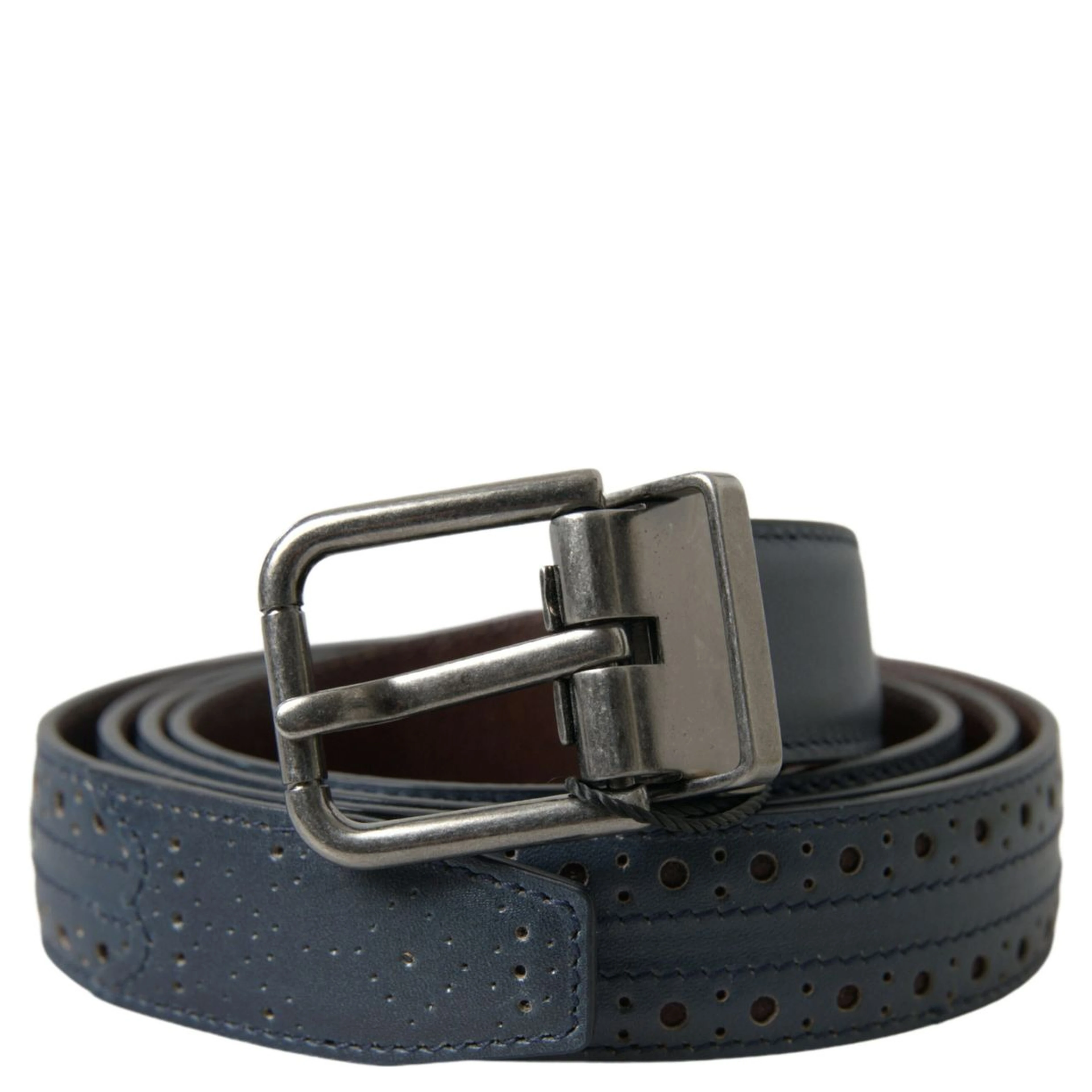 Blue Leather Perforated Metal Buckle Belt