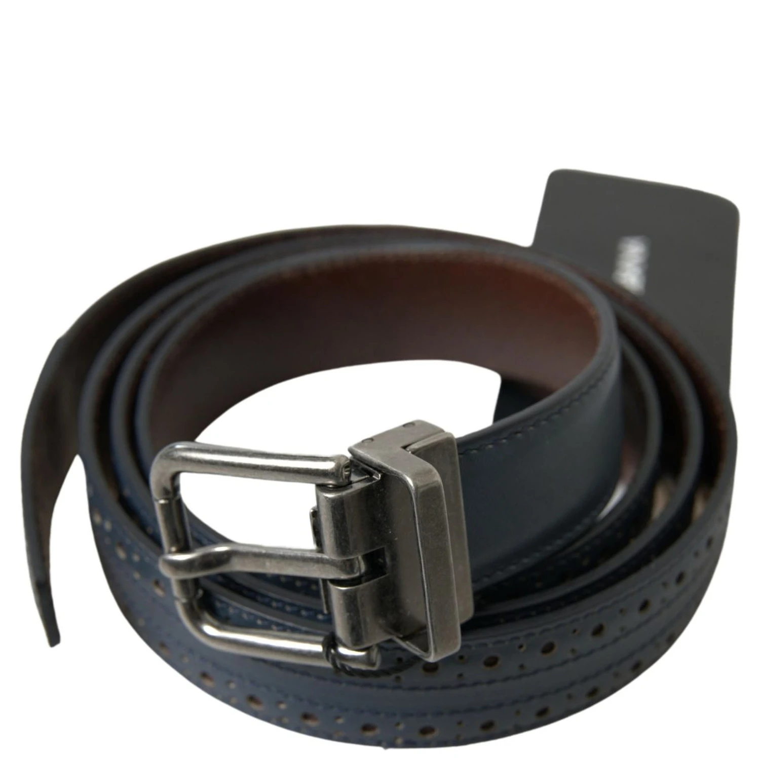 Blue Leather Perforated Metal Buckle Belt