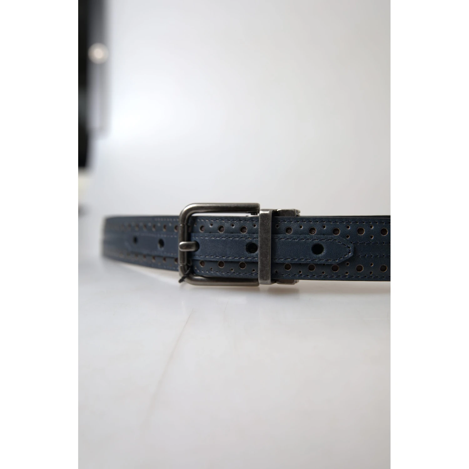 Blue Leather Perforated Metal Buckle Belt