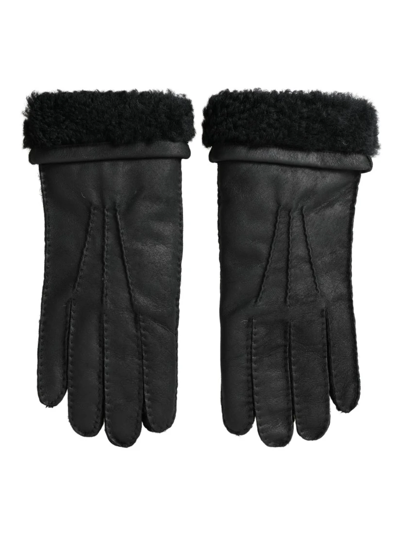 Black Leather Fur Short Hands Mitten Men Gloves